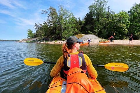 Lunch stop on one of the Stockholm Archipelago’s 30,000 islands — a short landing break before paddling on.